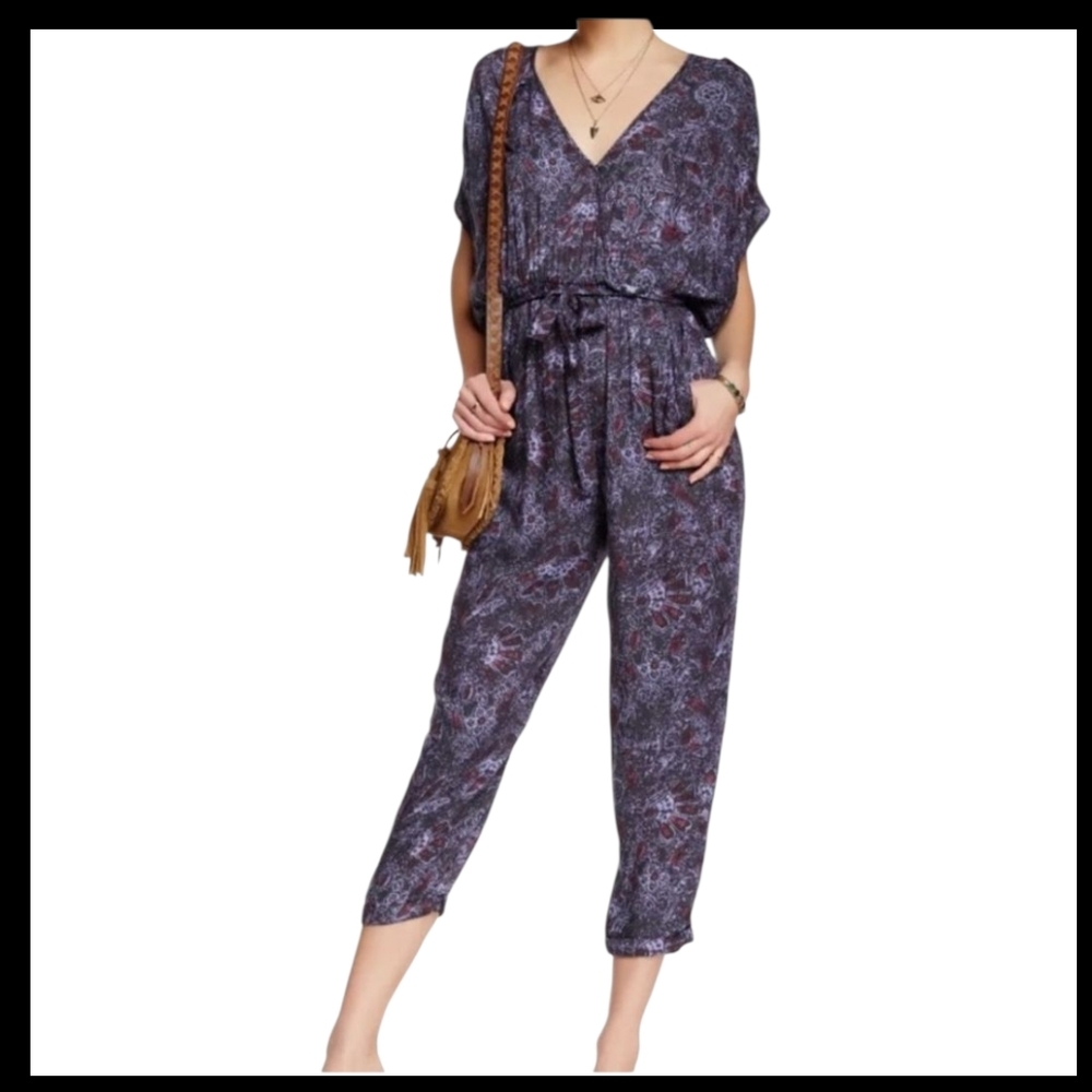 Free People "Night Combo" NWT Purple Plunge neck Waist Ties Jumpsuit Women's S